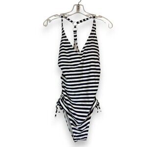 One Piece Swimsuit Blue White Stripe Bathing Suit Beach Nautical Medium